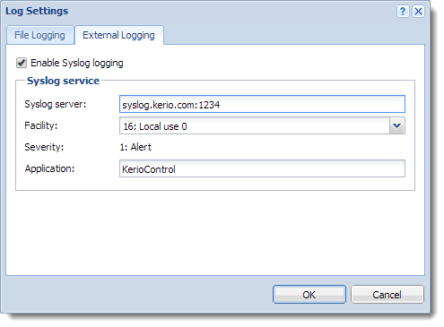 Syslog settings for the Alert log
